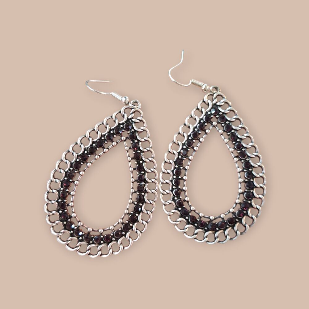 Silver Tone Teardrop Filigree Statement Earrings with Dark Stone Accents
